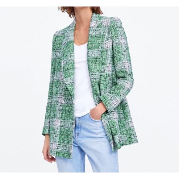 ZARA Tweed Frock Coat Blazer Sz L Green Plaid Blogger Favorite - Picture 1 of 14